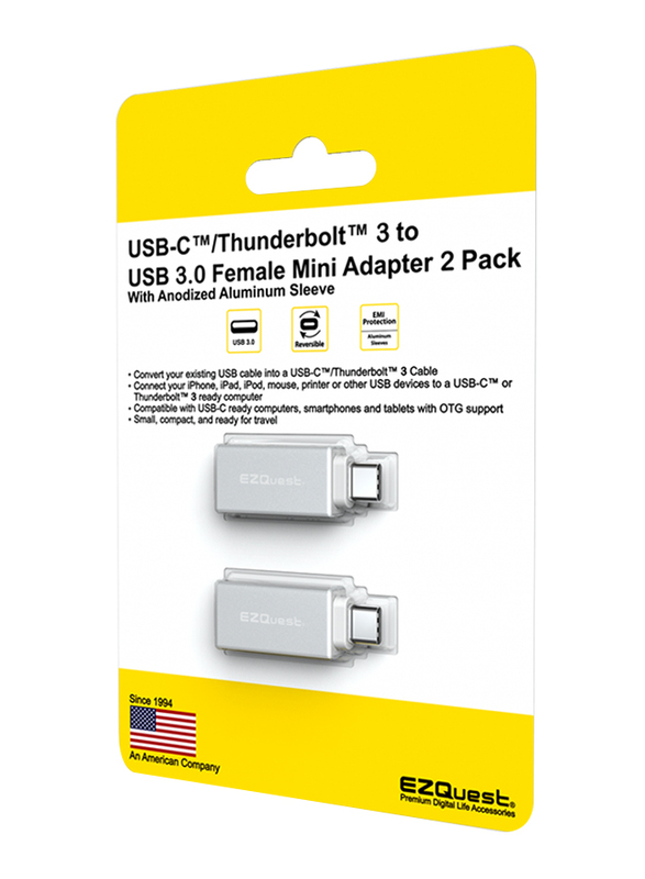 EZQuest USB Type-C/Thunderbolt 3 Mini Adapter, USB Type-C/Thunderbolt 3 Male to USB-A 3.0 Female for USB Type-C Port Devices, 2 Pieces, White