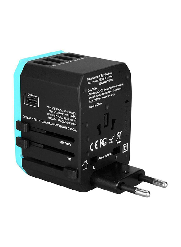 Merlin Travel Mate World Travel Adapter Wall Charger, 4 x 2.4A USB Type A and 3A USB Type C Ports, Black/Blue