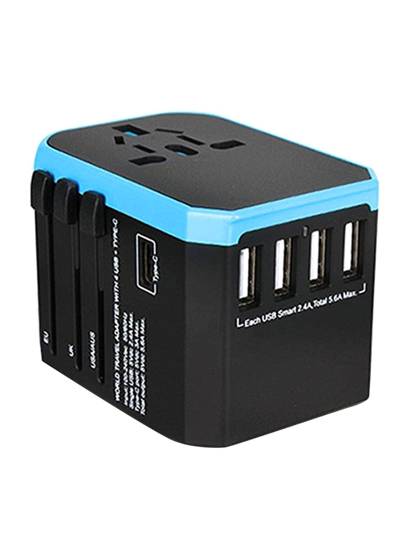 Merlin Travel Mate World Travel Adapter Wall Charger, 4 x 2.4A USB Type A and 3A USB Type C Ports, Black/Blue