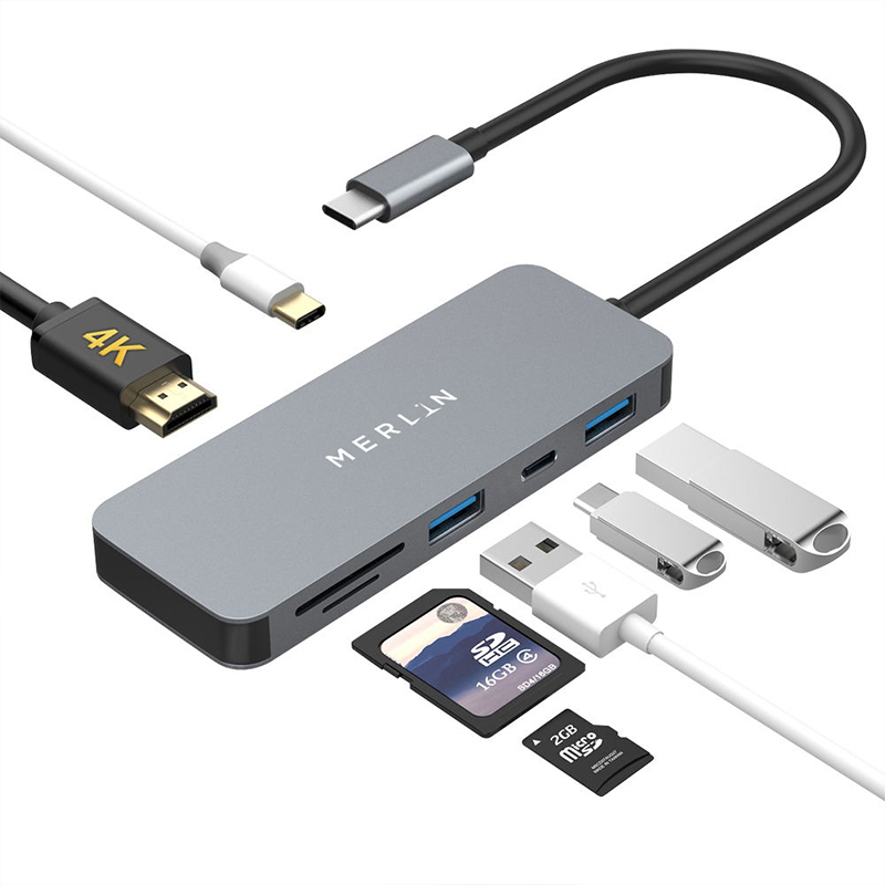 موزع Merlin USB C 7 في 1 مزود بمحول USB-C بسرعة 5 جيجابت في الثانية ومحول متعدد المنافذ 2USB-A