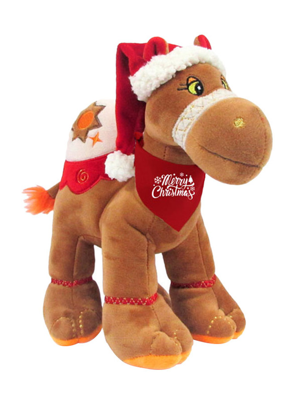 Caravaan Merry Christmas Printed Bandana Camel Plush Toy with Santa Hat, 25cm, Brown/Red, Ages 3+