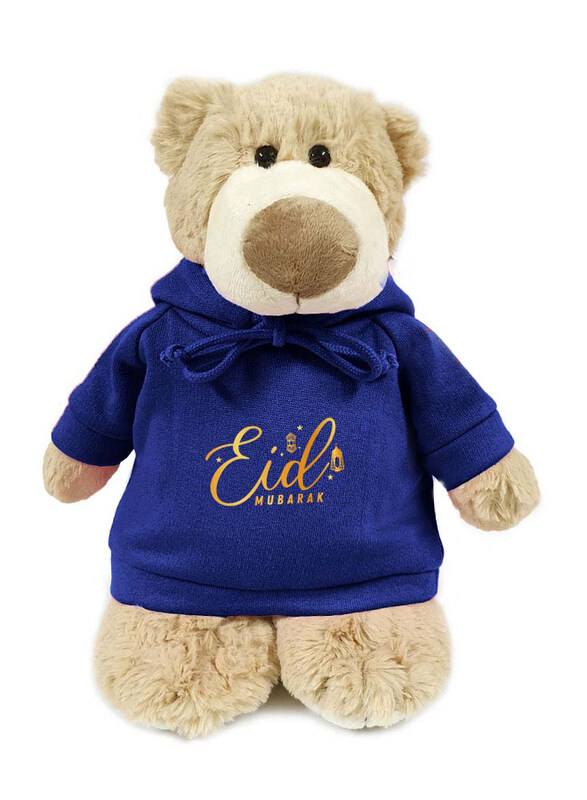 

Caravaan Mascot Bear Plush Toy with Eid Mubarak Printed Hoodie, 28cm, Light Brown/Blue, Ages 3+