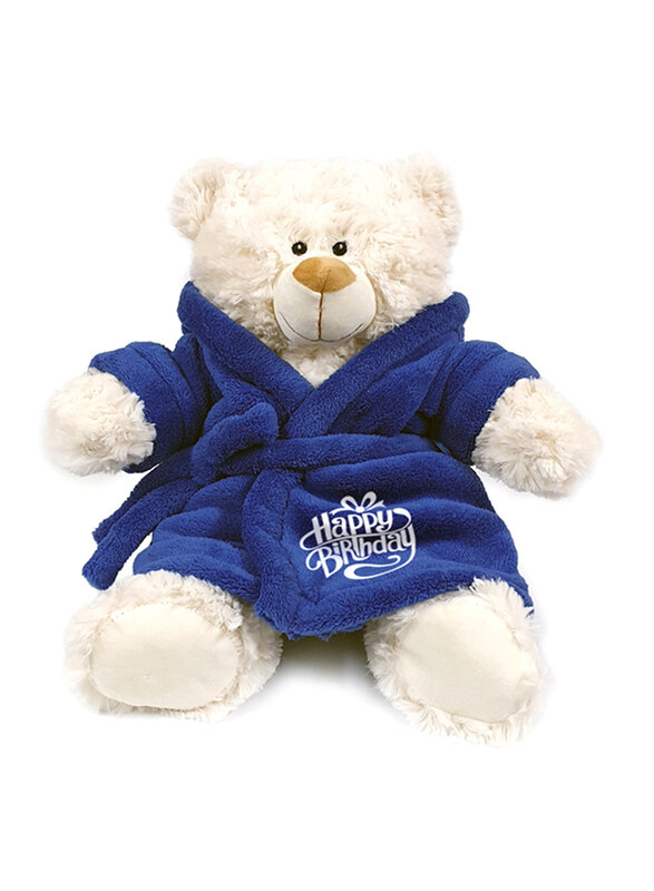 

Caravaan Teddy with Happy Birthday Printed Bathrobe Plush Toy, 38cm, Cream/Blue, Ages 3+