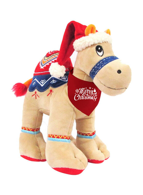 

Caravaan Merry Christmas Printed Bandana Camel Plush Toy with Santa Hat, 18cm, Beige/Red, Ages 3+