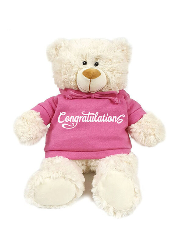 

Caravaan Bear with Congratulations Printed Hoodie Plush Toy, 38cm, Cream/Pink, Ages 3+