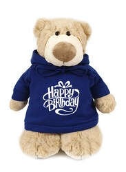 Caravaan Mascot Bear Plush Toy with Happy Birthday Printed Hoodie, 28cm, Light Brown/Blue, Ages 3+