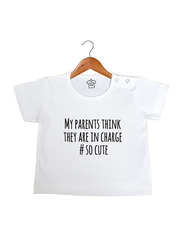 Cheeky Micky My Parents Think They Are in Charge So Cute Cotton T-Shirt, 6-12 Months, White