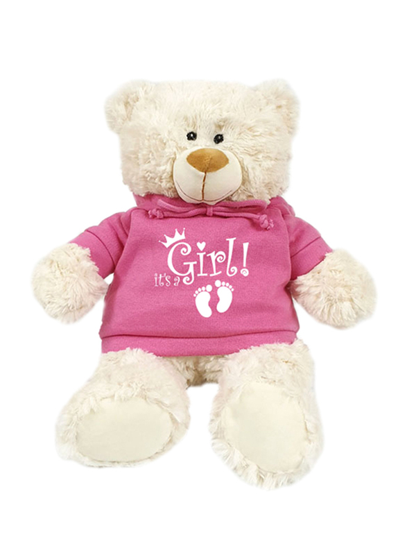 Caravaan Cream Bear, with White it's A Girl! On Trendy Pink Hoodie, 38cm, Ages 3+