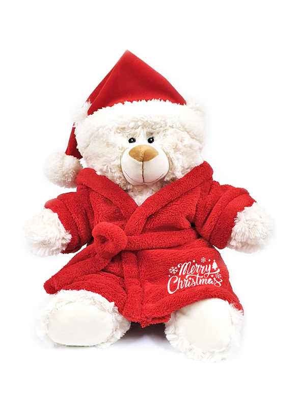 Caravaan Teddy Bear with Merry Christmas Embroidery Bathrobe and Santa Hat, 38cm, White, Ages 3+