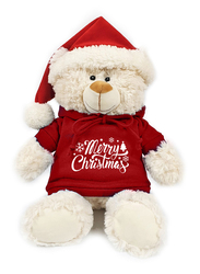 Caravaan Teddy Bear with Merry Christmas Printed Hoodie and Santa Hat, 38cm, Cream/Red, Ages 3+