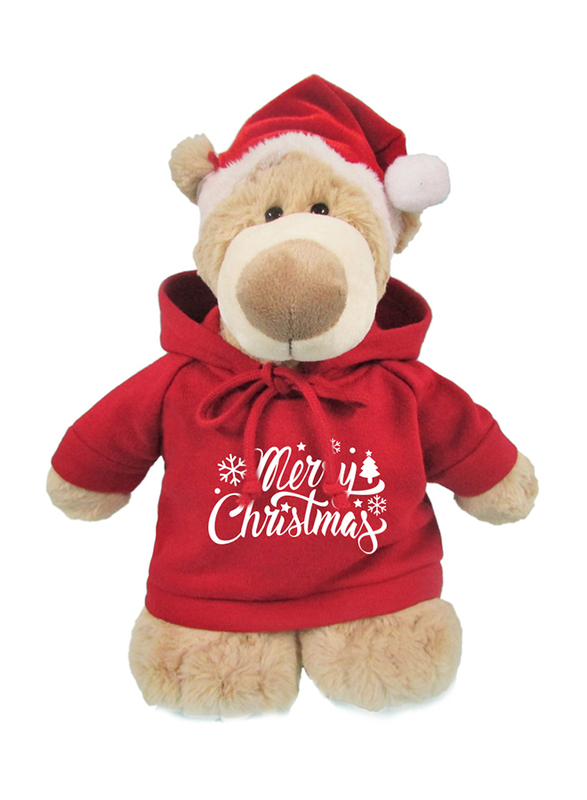 Caravaan Mascot Bear with Merry Christmas Printed Hoodie and Santa Hat, 28cm, Light Brown, Ages 3+
