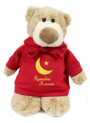 Caravaan Super Soft Cuddly Light Brown Bear with Red Ramadan Kareem Hoodie, 28cm