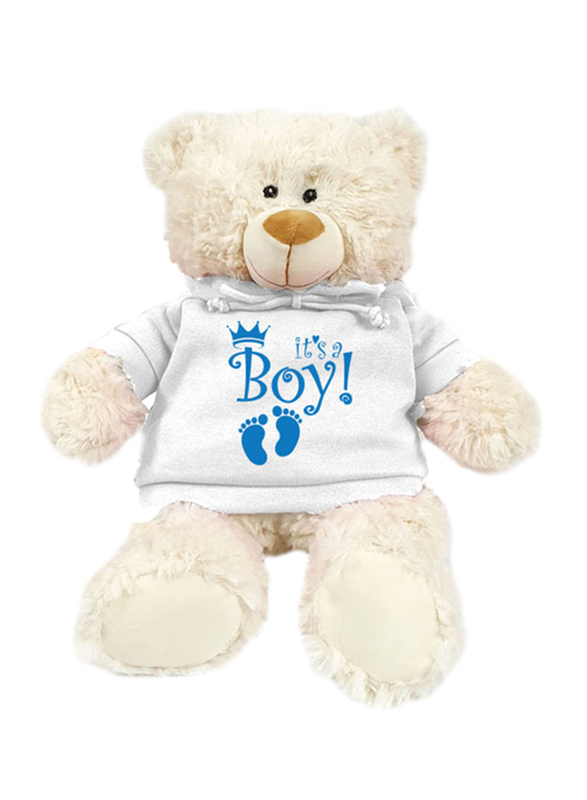 Caravaan Cream Bear, with Blue it's A Boy! On Trendy White Hoodie, 38cm, Ages 3+