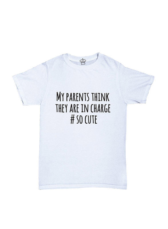 Cheeky Micky My Parents Think They Are In Charge # So Cute Printed Cotton T-Shirt Baby Unisex, 1-2 Years, White