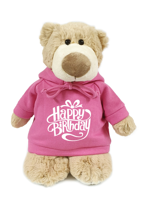 Caravaan Mascot Bear Plush Toy with Happy Birthday Printed Hoodie, 28cm, Light Brown/Pink, Ages 3+