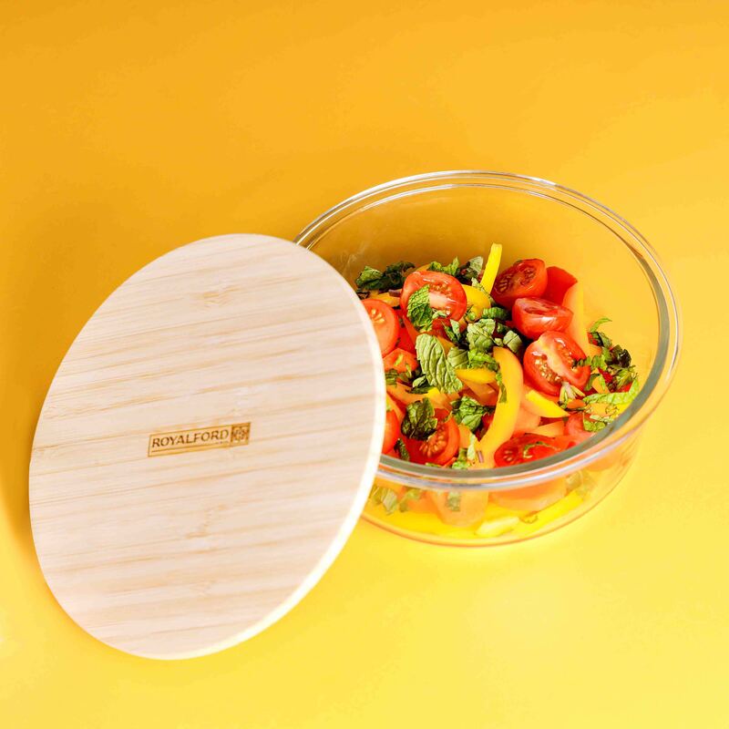 RoyalFord Round Glass Food Container with Bamboo Lid, 650ml, RF10324, Clear