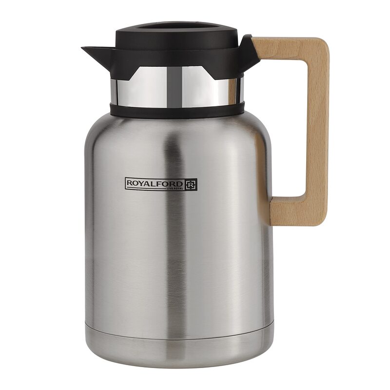 Royalford 1.5Ltr Stainless Steel Vacuum Jug with Wooden Handle, RF10171, Silver/Black