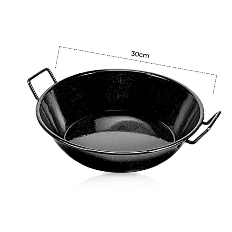 Royalford 30cm Non-Stick Round Aluminium Enamel Coated Induction Safe Wokpan with Raised Handles, RF11328, 33x30x9 cm, Black