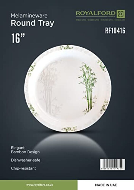 Royalford 16-inch Melamine Ware Round Tray Plate, RF10416, White