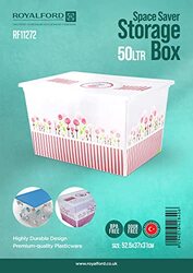 Royalford Space Saving Multi-Purpose Plastic Storage Box, 50 Liters, White/Pink