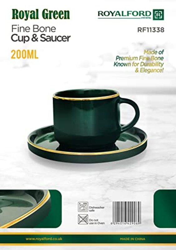 Royalford 200ml Fine Bone Premium Quality Cup & Saucer, Royal Green