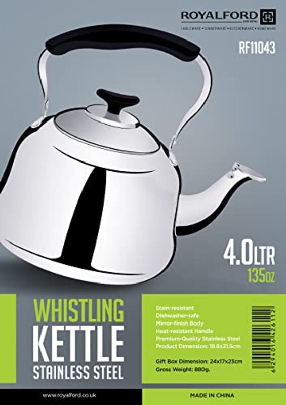 Royalford 4 Ltr Stainless Steel Whistling Kettle, RF11043, Silver