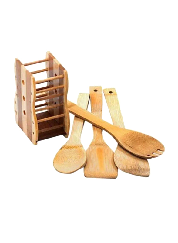 RoyalFord 5-Piece Bamboo Cooking Spoon with Spoon Holder Kitchen Tool Set, Beige
