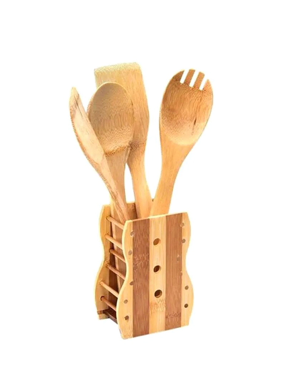 RoyalFord 5-Piece Bamboo Cooking Spoon with Spoon Holder Kitchen Tool Set, Beige