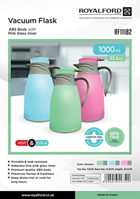 Royalford 1000ml Hot & Cold Vacuum Flask with Pink Glass Inner Flask, Assorted