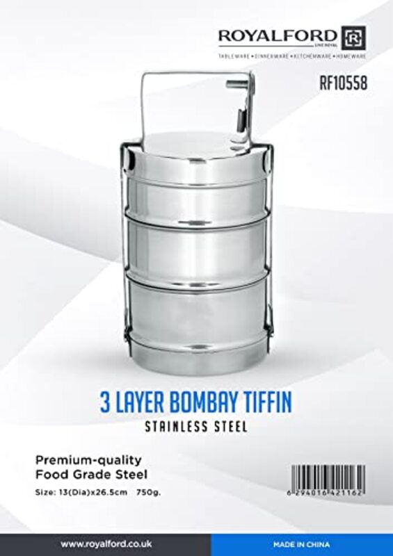 Royalford 3-Layer Stainless Steel Bombay Tiffin Lunch Box, RF10558, Silver