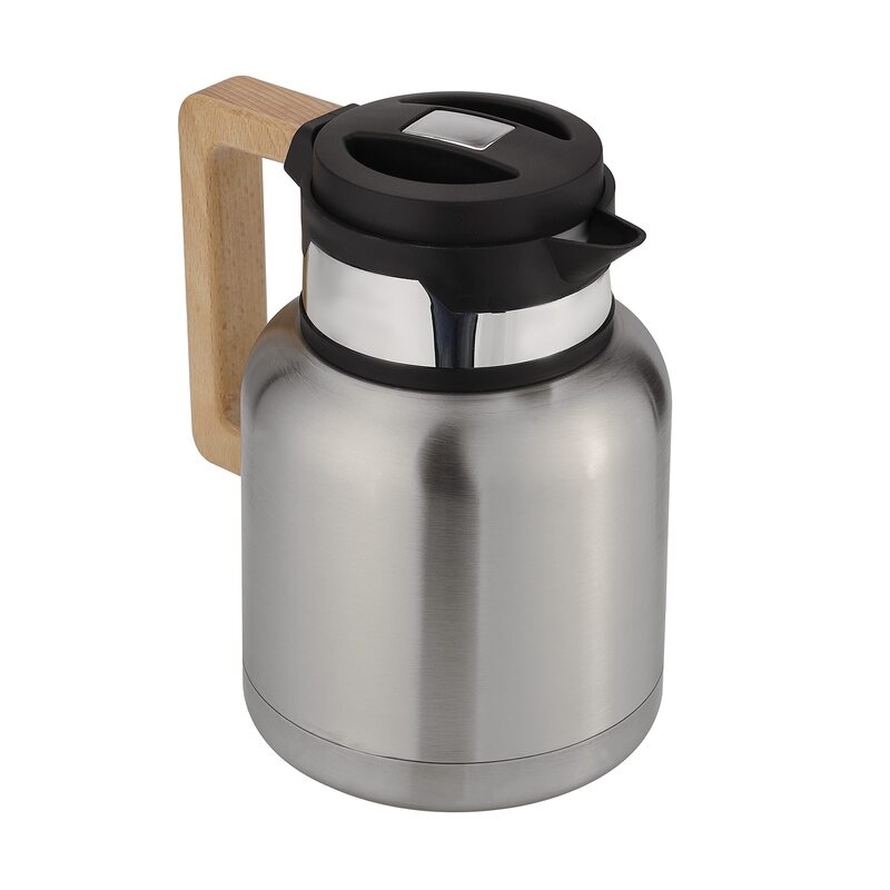 Royalford 1.2Ltr Stainless Steel Vacuum Jug with Wooden Handle, RF10170, Silver/Black