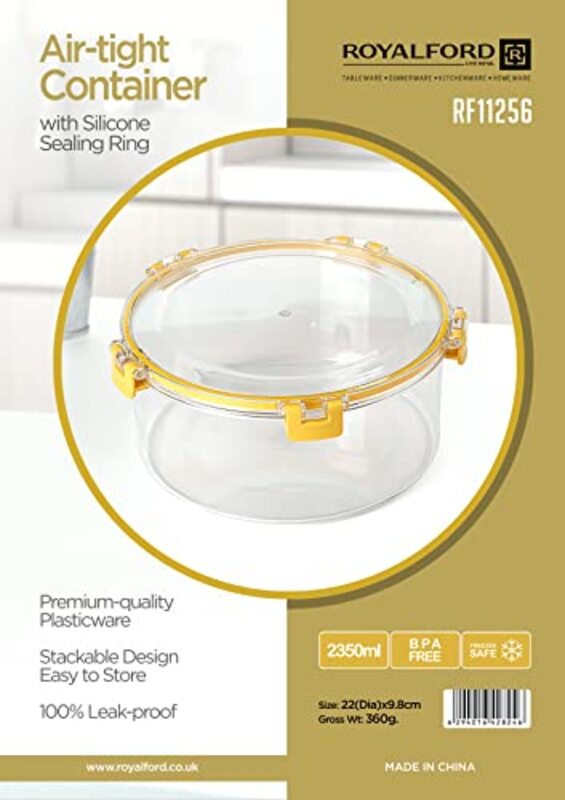 Royalford Plastic Round Airtight Container with Lid, 2350ml, RF11256, Yellow/Clear