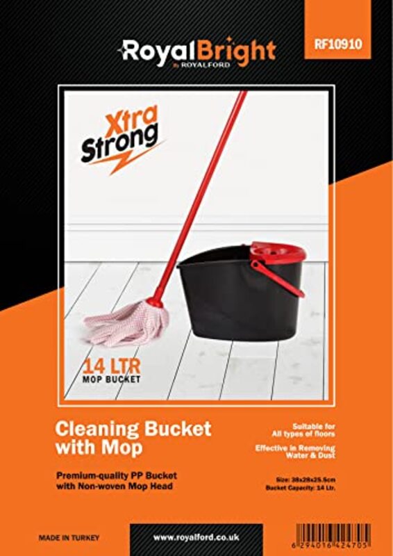 Royalford Xtra Strong Cleaning Bucket with Mop, RF10910, Black/Red, 14L