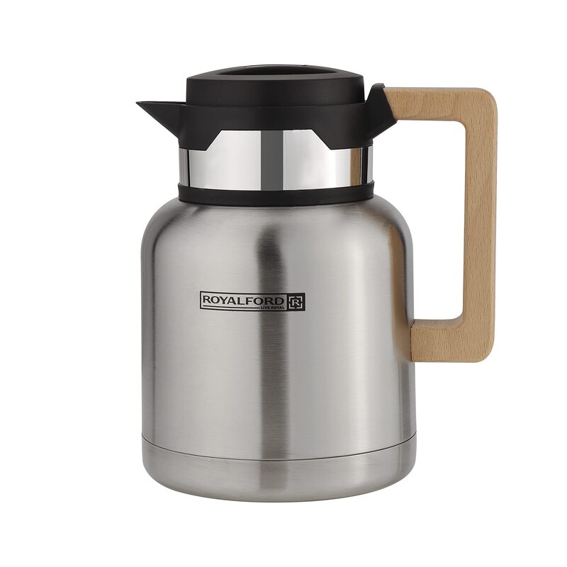 Royalford 1Ltr Stainless Steel Vacuum Jug with Wooden Handle, RF10169, Silver
