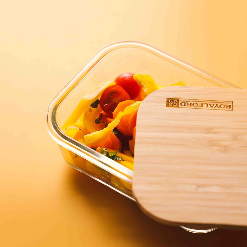 RoyalFord 1050ml Glass Food Container with Bamboo Lid, RF10320, Brown/Clear