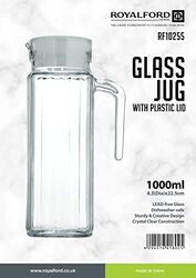 Royalford 1000ml Glass Water Jug with Plastic Lid, White/Clear