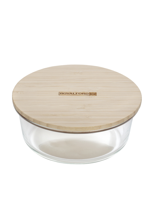 RoyalFord 950ml Round Glass Food Container with Bamboo Lid, RF10325, Brown/Clear