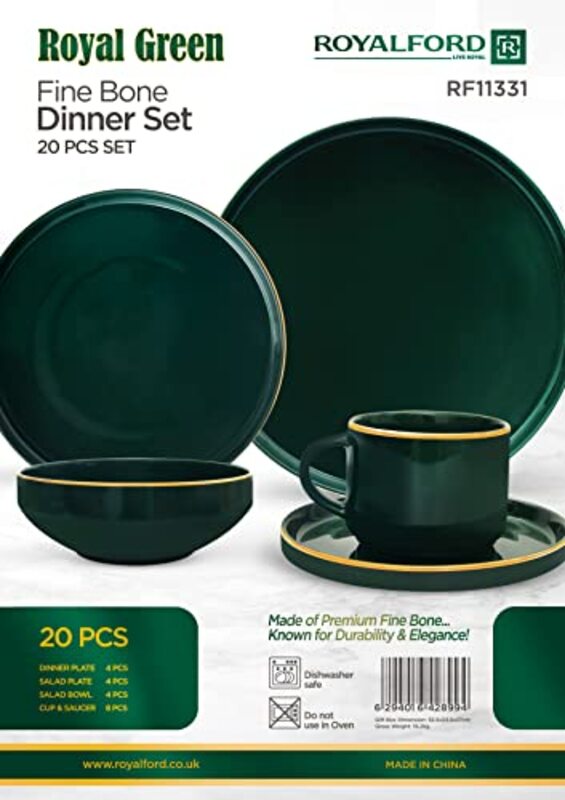 Royalford Gstorm 20-Piece Royalford China Fine Bone Dinner Set, Royal Green