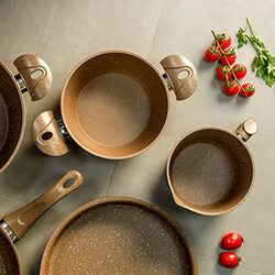 Royalford 8-Piece Chef Choice Non-Stick Round Aluminium Granite Coated Cookware Set, RF11305, Brown