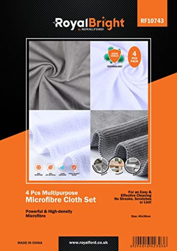 Royalford RoyalBright Multi-Purpose Microfiber Cloth Set, RF10743, Grey/White, 4 x