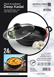 Royalford 24cm Round Aluminium Hard Anodized Deep Kadai with Tempered Glass Lid, RF11704, 8x34.5x24 cm, Black