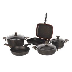 Royalford 9-Piece Chef Mark Non-Stick Round Aluminium Granite Coated Cookware Set, RF10268, Black