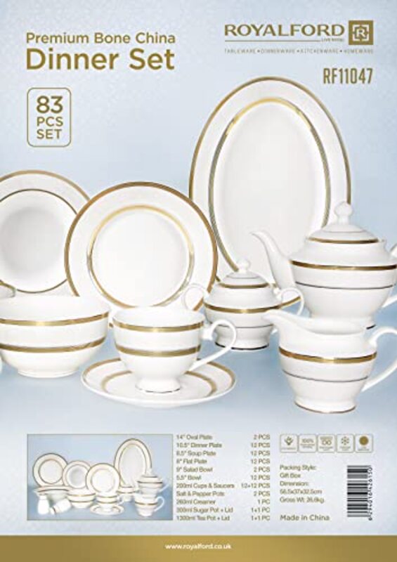 Royalford 83-Piece Stoneware Premium Bone China Dinner Set, RF11047, White