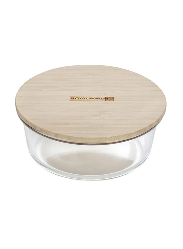 RoyalFord Round Glass Food Container with Bamboo Lid, 400ml, RF10323, Clear