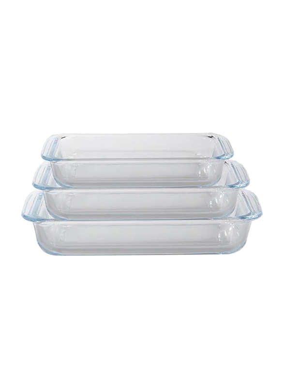 RoyalFord 3-Pieces BRS Rectangular Glass Baking Tray Set, RF8802, 1 Ltr + 2.2 Ltr + 3 Ltr, Clear