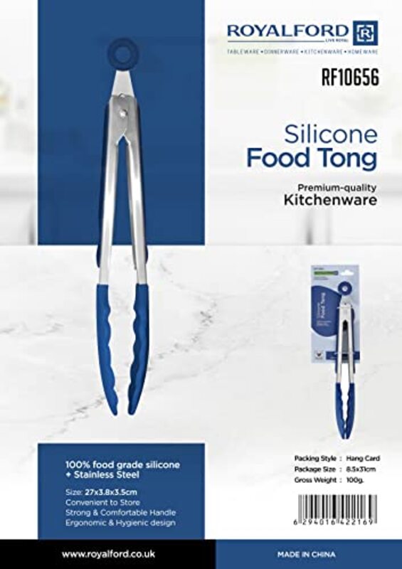 Royalford 27cm Silicone Food Tong with Stainless Steel Handle, RF10656, Blue/Silver
