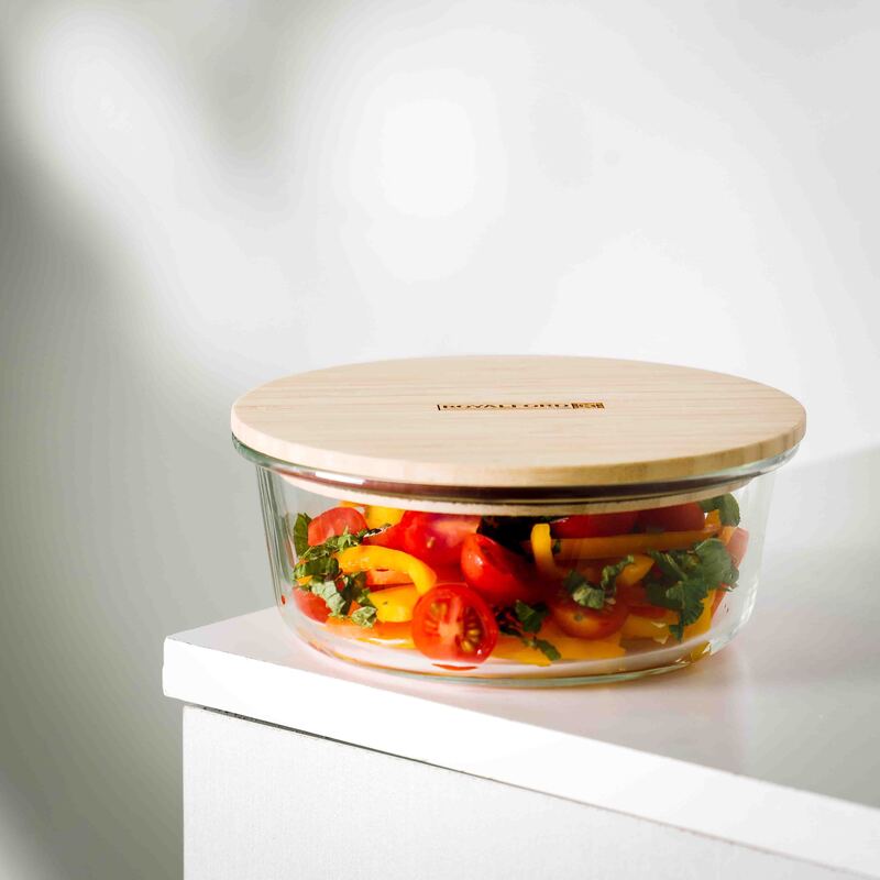 RoyalFord Round Glass Food Container with Bamboo Lid, 650ml, RF10324, Clear