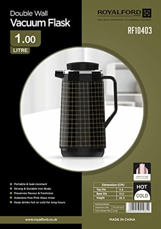 Royalford 1Ltr Double Wall Vacuum Flask with Lid, RF10403, Black