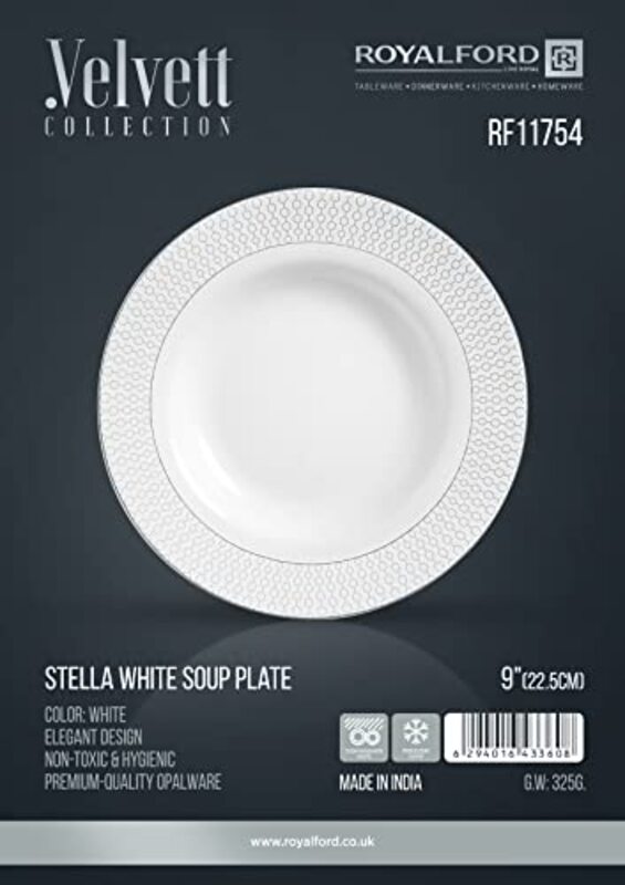 Royalford 9-inch Opal Ware Round Velvett Collection Stella Soup Plate, RF11754, White