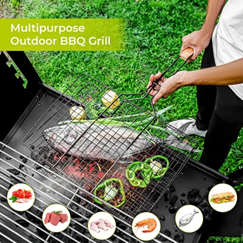 Royalford Folding Portable BBQ Grill Basket, RF10385, Black